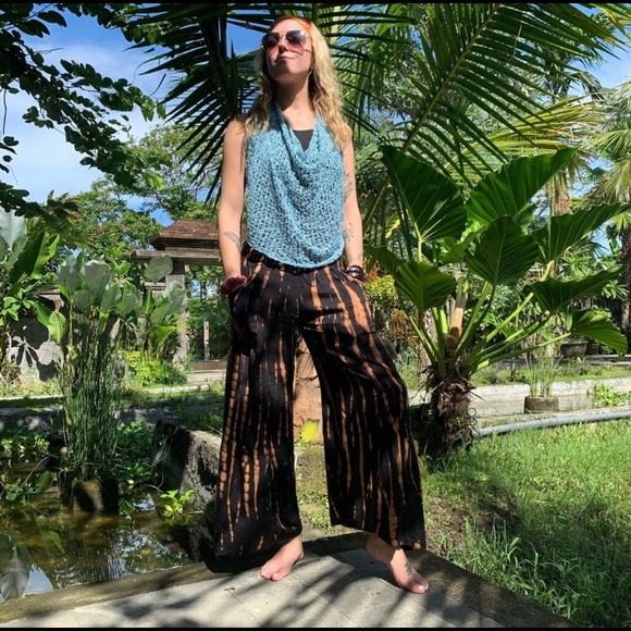 Olive & Grey Wide Leg Pants Handmade in Bali M/L Palazzo Boho Tie Dye Festival - Picture 5 of 7